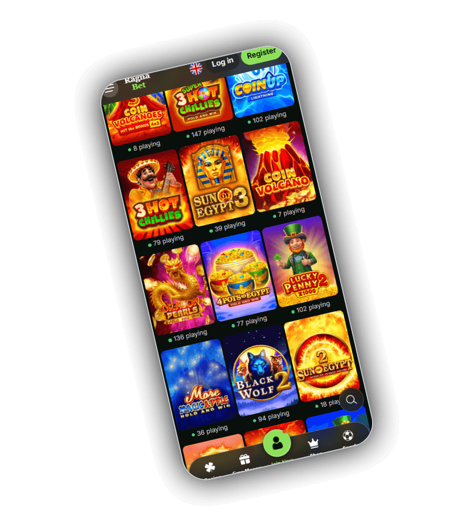 Rooster met slots in RagnaBet op een telefoon, met tegels als Sun of Egypt 3, Dragon Pearls en Black Wolf 2 en het aantal spelers onder elke tegel
