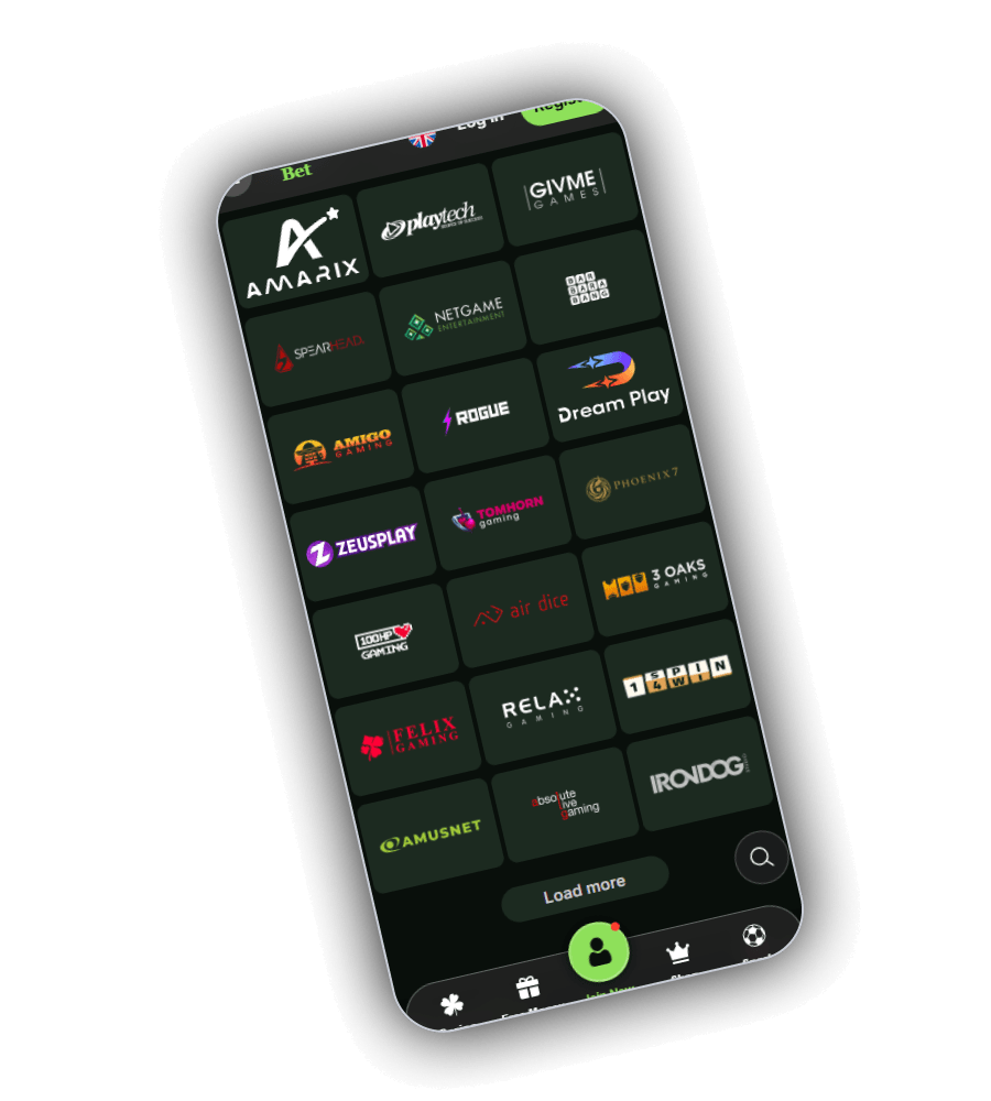 Overzicht van spelleveranciers bij RagnaBet met tegels van onder meer Amarix, Playtech, Relax Gaming en Amusnet en onderaan de knop Load more